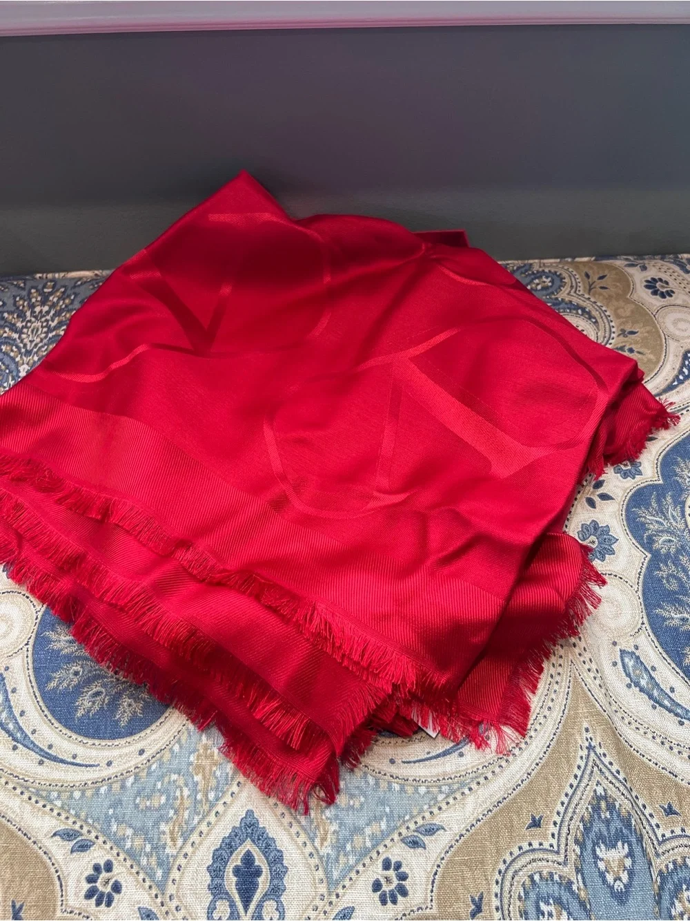 Valentino Red Frayed Edge Jacquard Scarf
